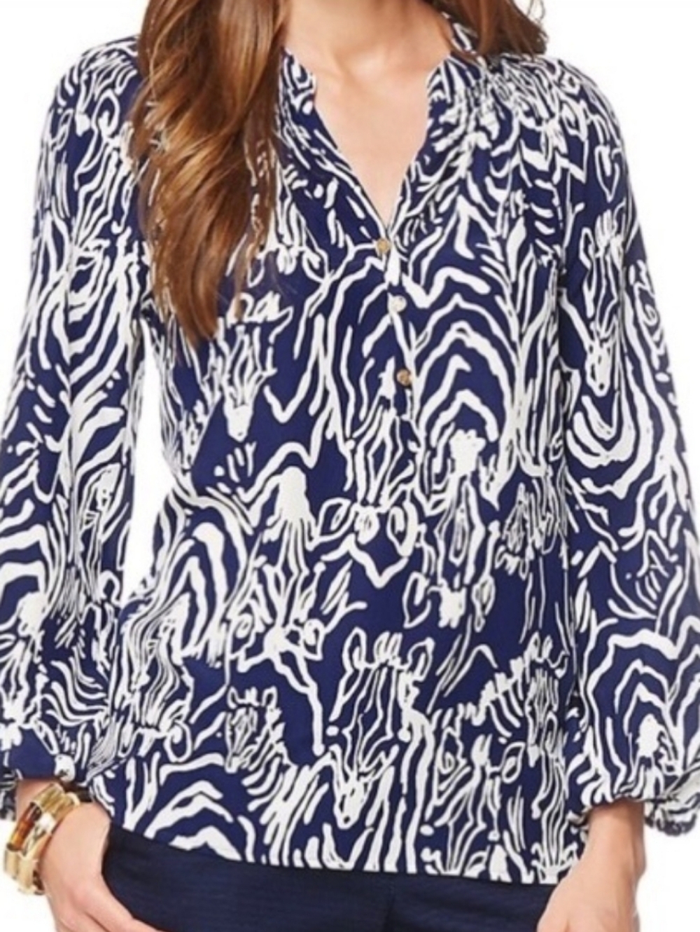 Lilly Pulitzer Silk Navy and White Printed V-Neck Blouse